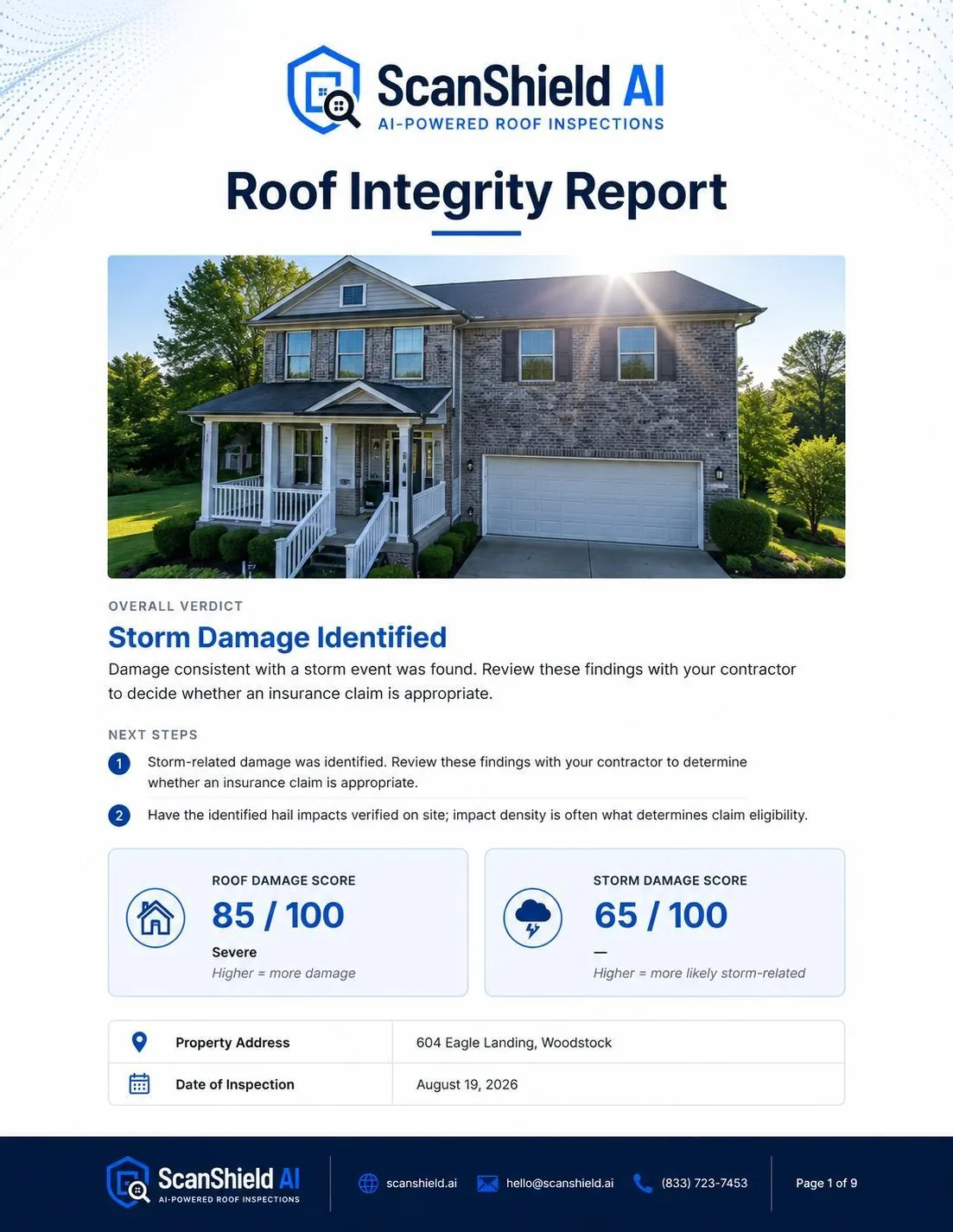 Sample ScanShield AI Roof Integrity Report cover page showing a Storm Damage Identified verdict, a Roof Damage Score of 85 out of 100 and a Storm Damage Score of 65 out of 100