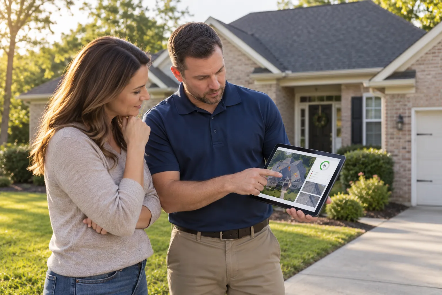 A ScanShield rep showing a homeowner AI findings on a tablet outside her house
