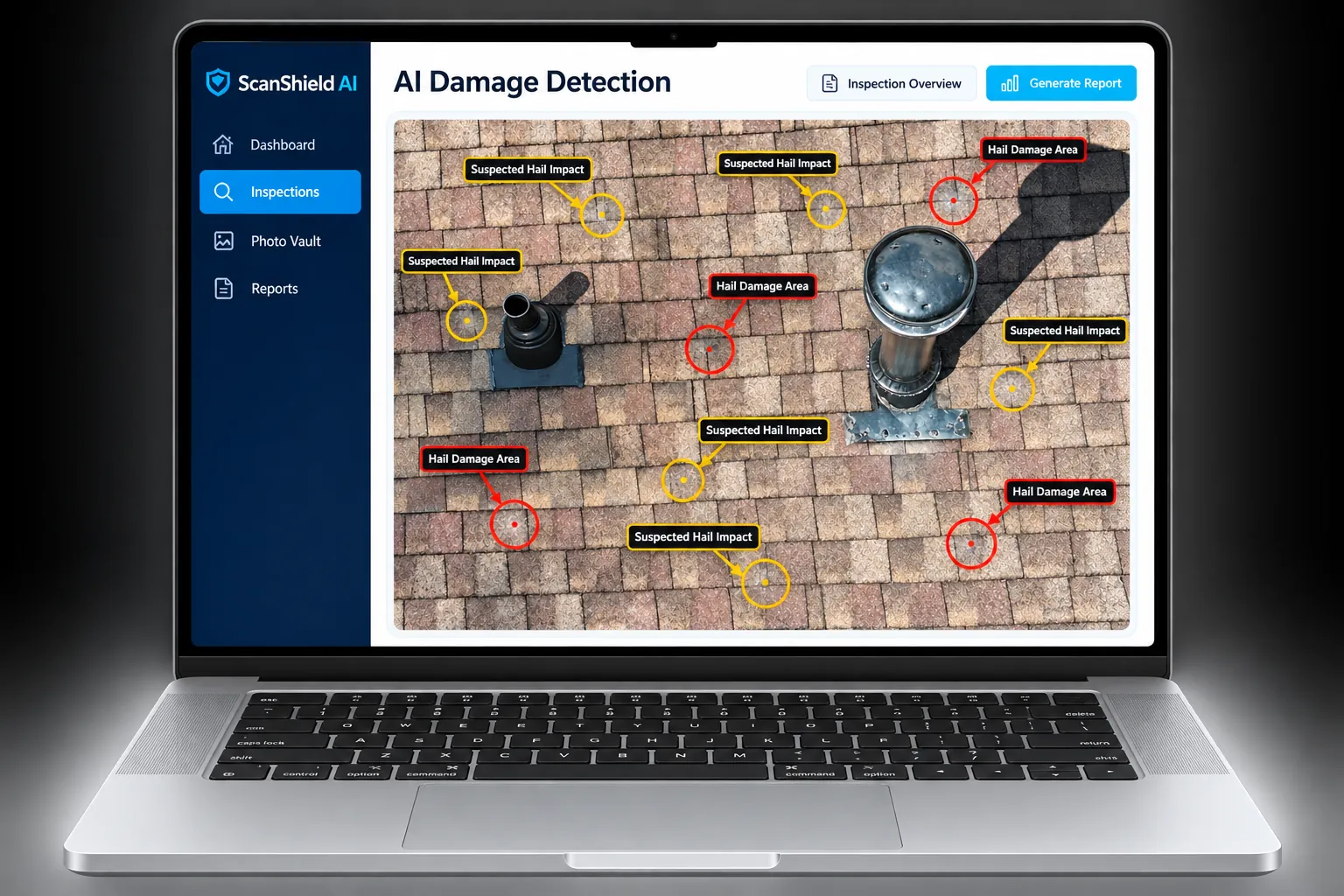 ScanShield AI Damage Detection on a laptop, with suspected hail impacts and hail damage areas circled on a roof photo