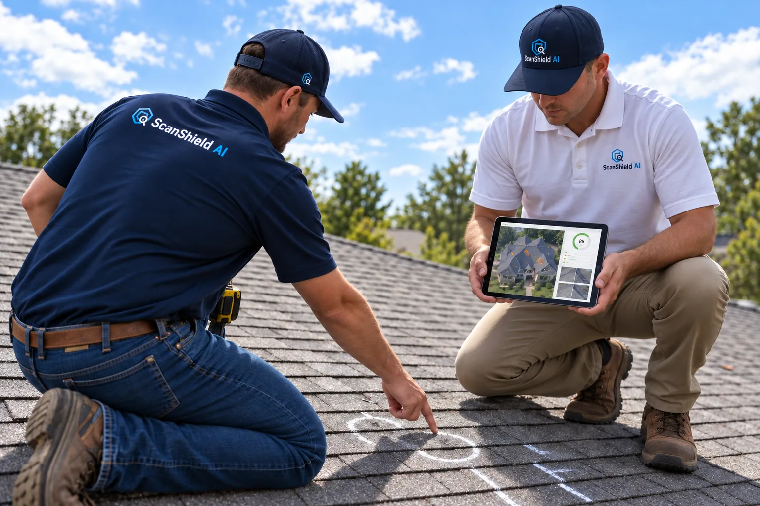 Two ScanShield contractors inspecting a roof, one marking damage on the shingles and one holding a tablet