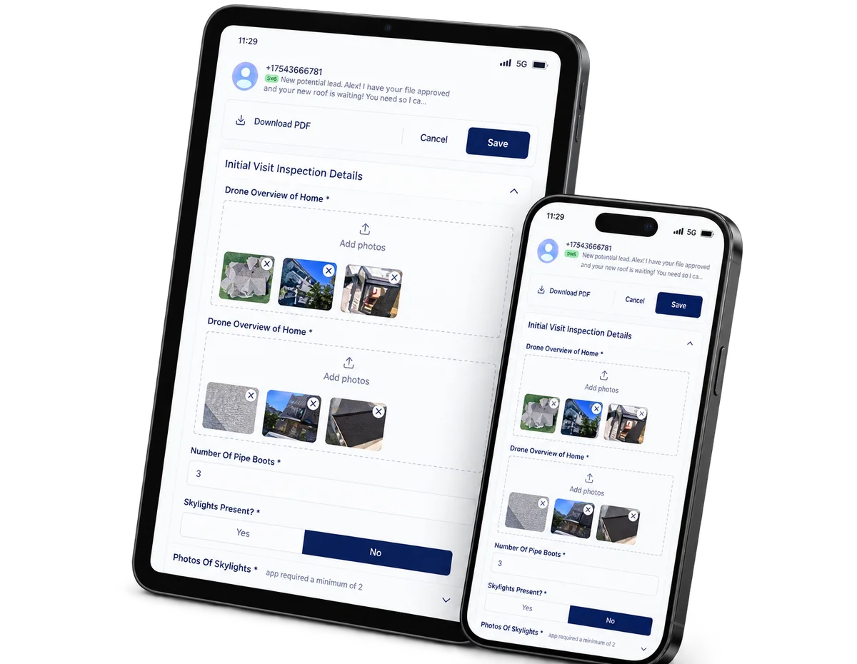 A ScanShield inspection template open on a tablet and a phone, with drone photos added to each field