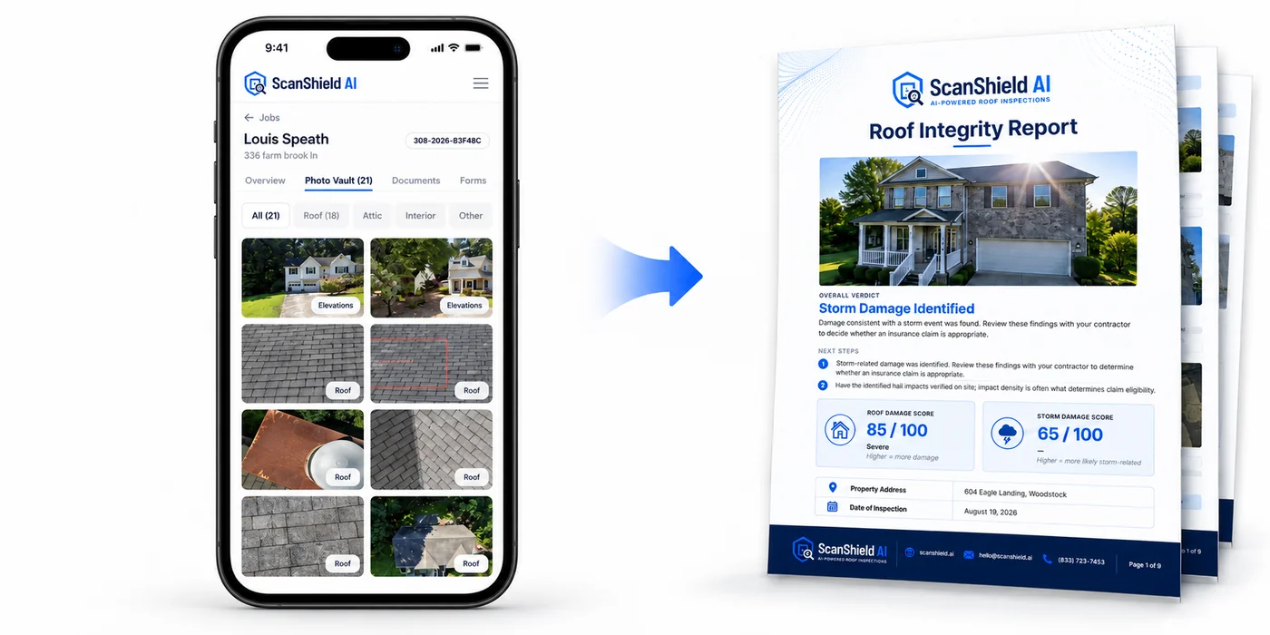 Job photos in the ScanShield Photo Vault on a phone, placed into a finished Roof Integrity Report
