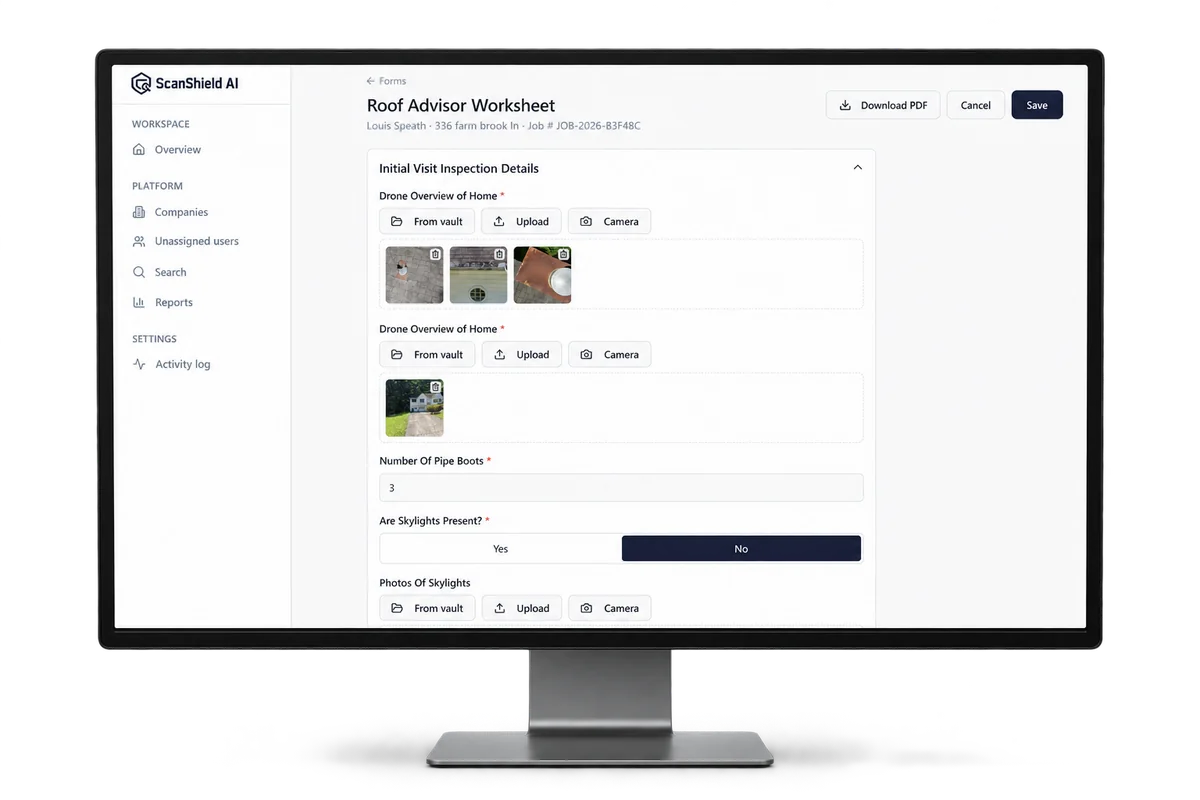 A ScanShield Roof Advisor Worksheet template on a desktop monitor, with photo fields filled from the vault