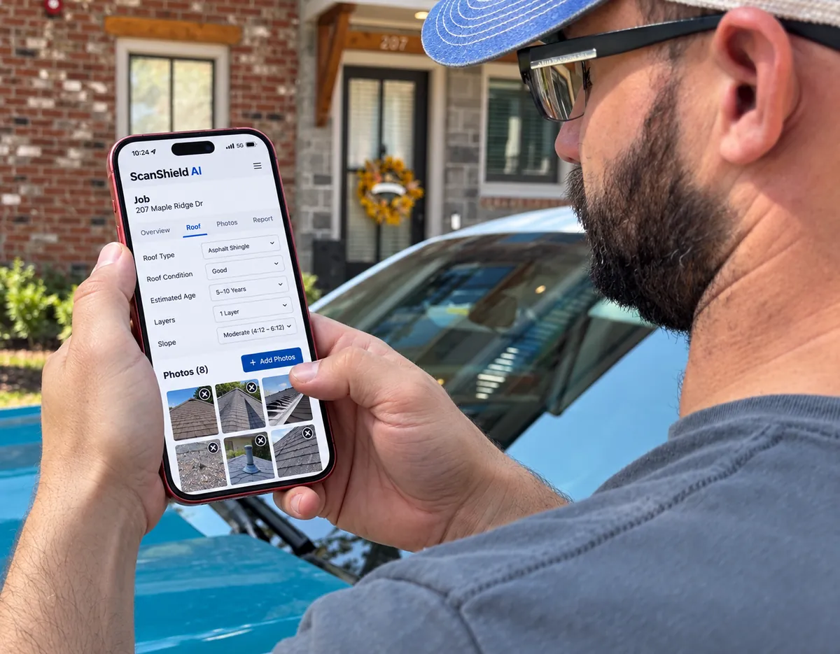 A contractor checking a job's roof details and photos in ScanShield on a phone outside a house