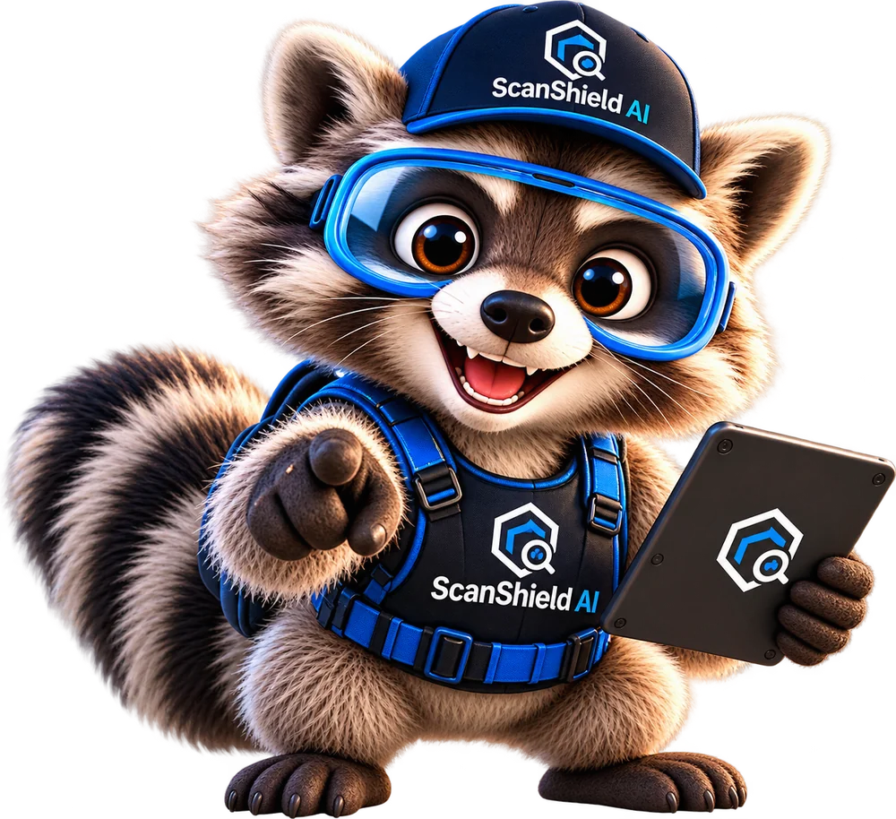 Scout, the ScanShield AI raccoon mascot, in a ScanShield cap and goggles, pointing and holding a tablet