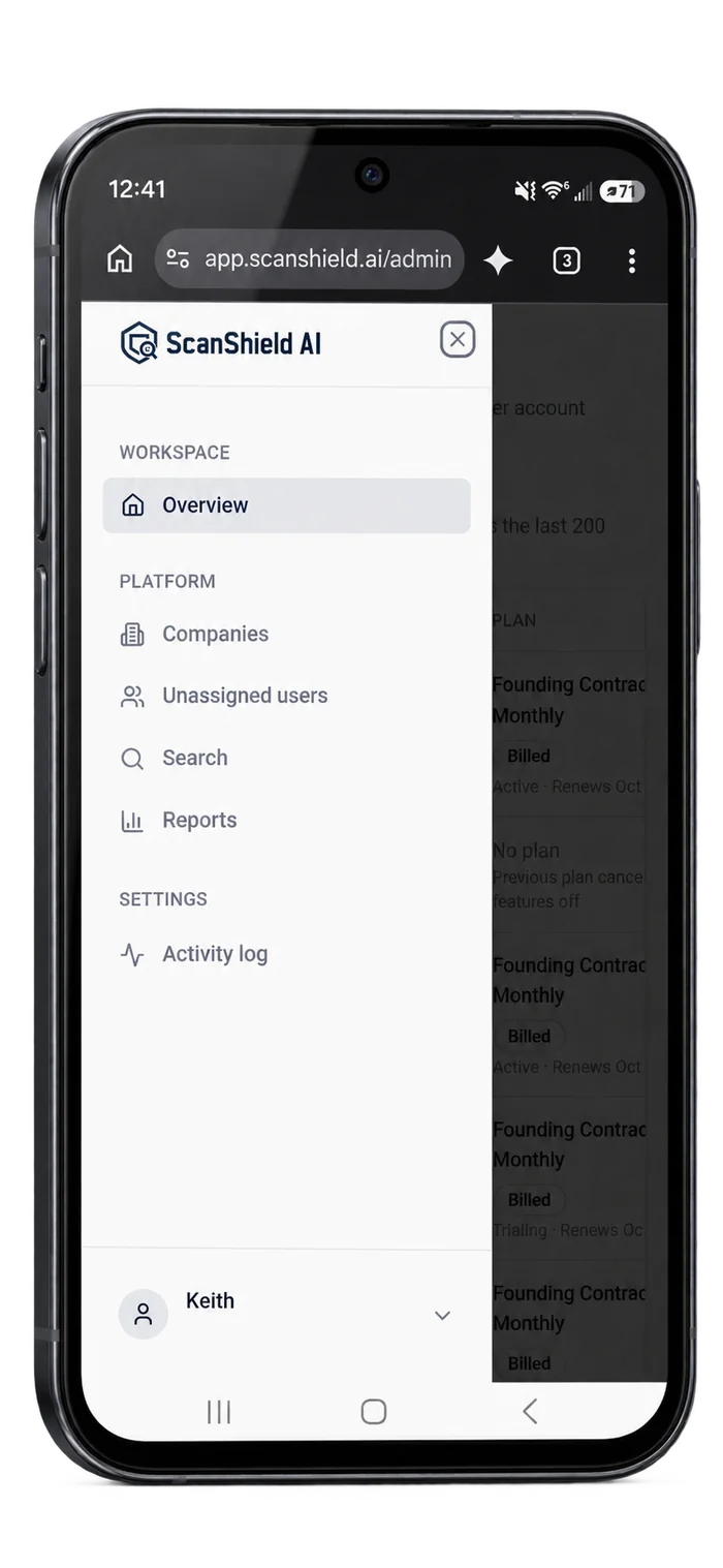 The ScanShield menu open in a phone browser at app.scanshield.ai