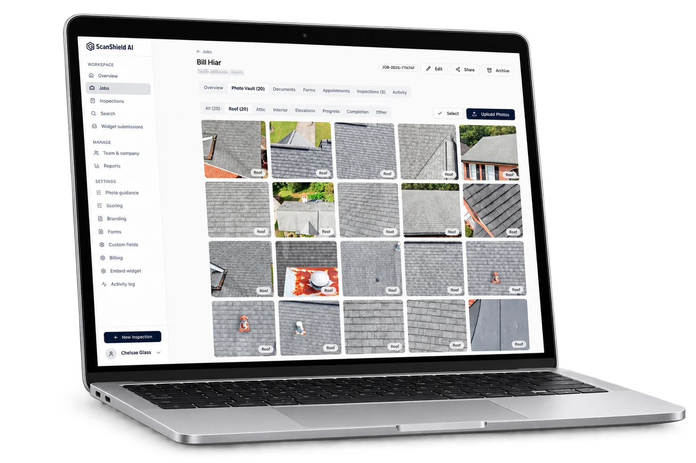 The ScanShield Photo Vault on a laptop, showing a job's roof photos in a grid