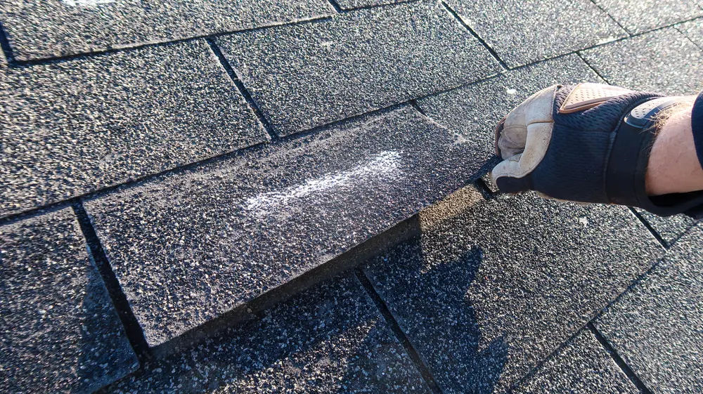 A gloved hand lifting a shingle during a roof inspection