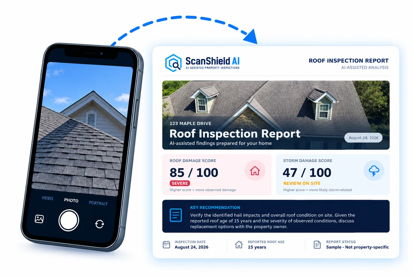 A roof photo taken on a phone becoming a ScanShield Roof Inspection Report with damage scores