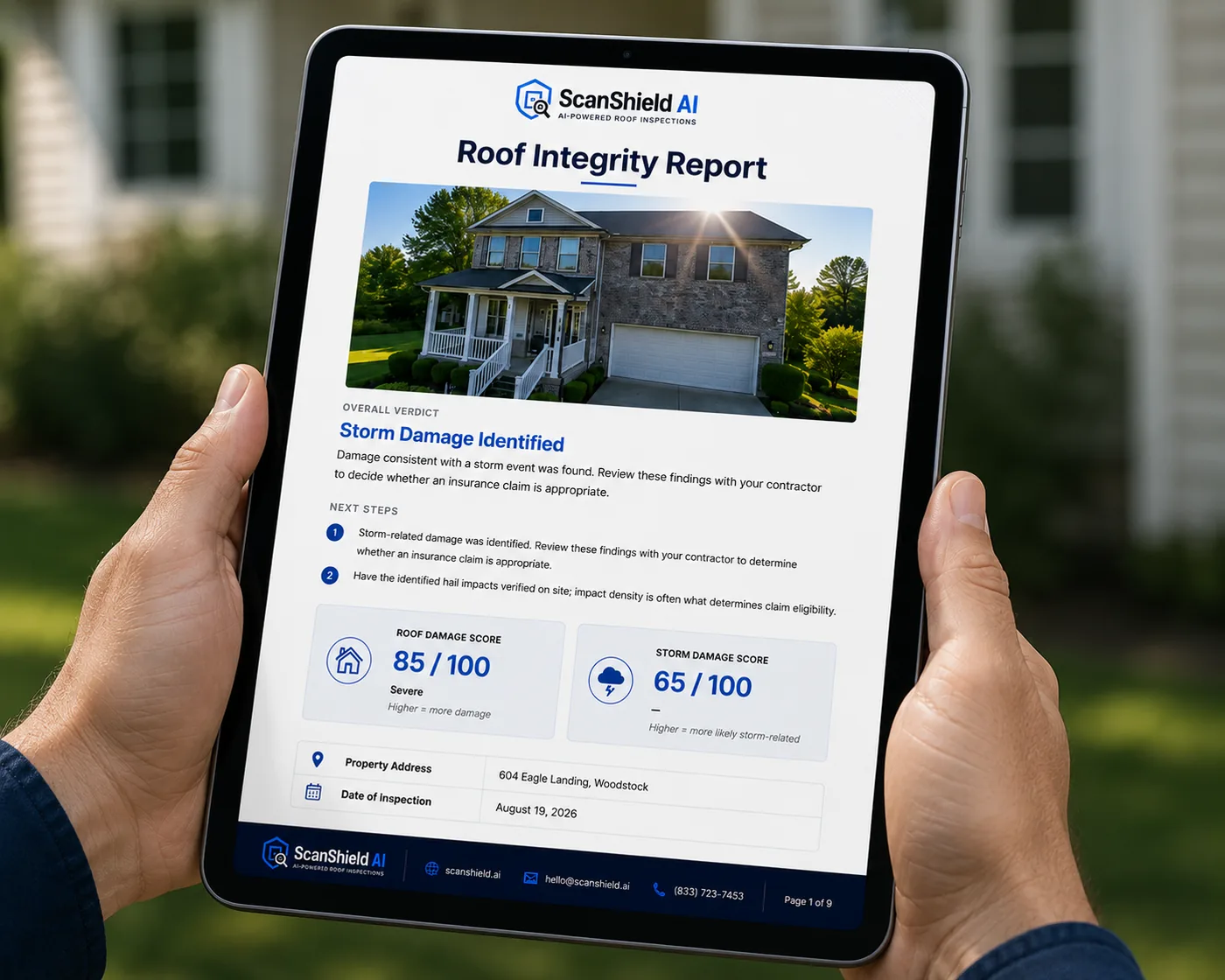 A tablet showing a ScanShield Roof Integrity Report with a Roof Damage Score of 85 out of 100